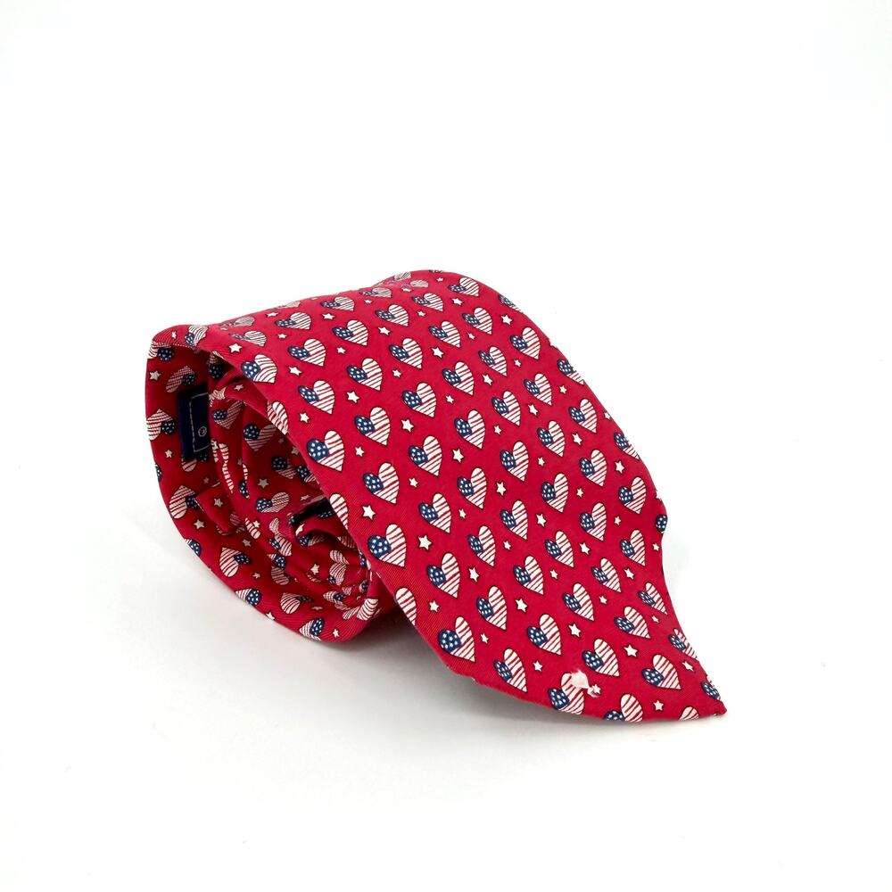 Vintage Y2K Vineyard Vines Red 100% Silk Patriotic USO Heart Necktie